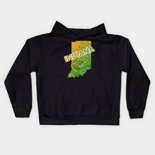 Colorful mandala art map of Indiana with text in green and orange Kids Hoodie